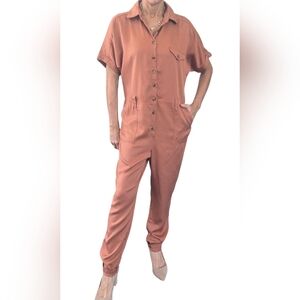 FRNCH Cognac Short Sleeve Button Up Utility One Piece Minimalist Jumpsuit Size S